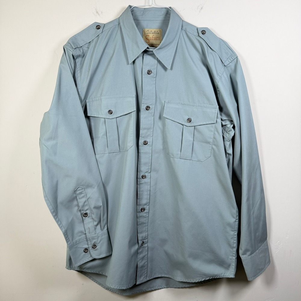 Cabelas Safari Series Button Up Shirt Medium Blue Long Sleeve Utility Epaulets